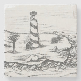 Bleistiftskizze Leuchtturm auf Insel im Meer Steinuntersetzer