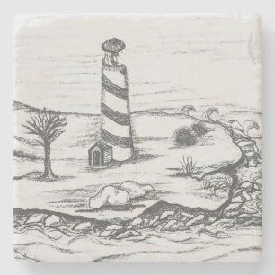 Bleistiftskizze Leuchtturm auf Insel im Meer Steinuntersetzer