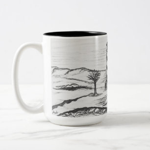 Bleistiftskizze Leuchtturm auf Insel im Meer Zweifarbige Tasse
