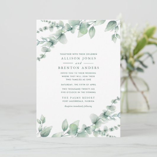 Blended Families Botanical Greenerity Wedding Einladung (Stehend Vorderseite)