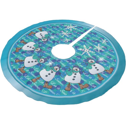 Blendende blaue Schneemann-Freunde Polyester Weihnachtsbaumdecke (Schrägansicht)