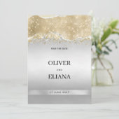Blendendes Silber-Gold-Funkeln-Glitzer Save the Da Einladung (Stehend Vorderseite)