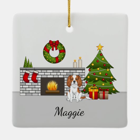 Blenheim Cavalier Dog in einem Weihnachtszimmer &  Keramikornament (Rückseite)