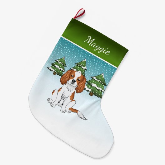 Blenheim Cavalier King Charles Spaniel im Winter Großer Weihnachtsstrumpf (Vorderansicht (hängend))