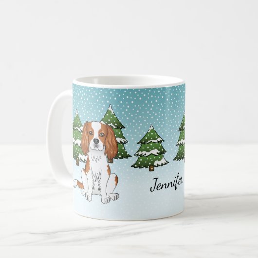 Blenheim Cavalier King Charles Spaniel im Winter Kaffeetasse (Vorderseite Links)