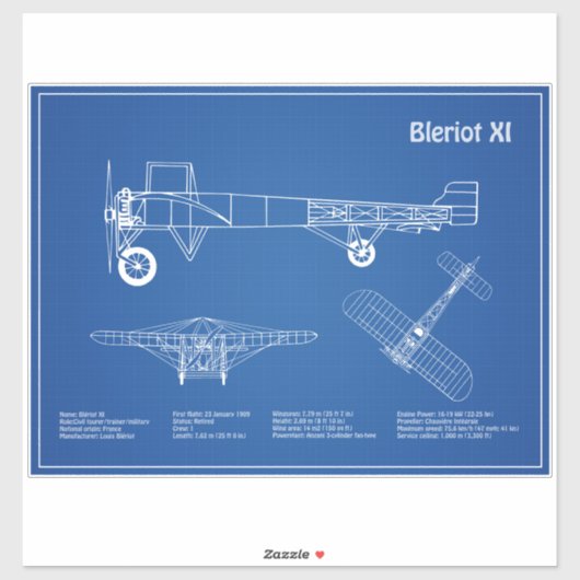 Bleriot XI - Flugzeugkonzeption Zeichnend Pläne AD Aufkleber (Blatt)