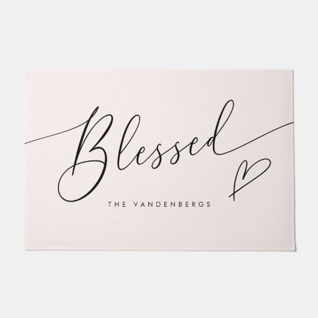 Blessed Blush Pink Heart Typography Fußmatte (Vorderseite)