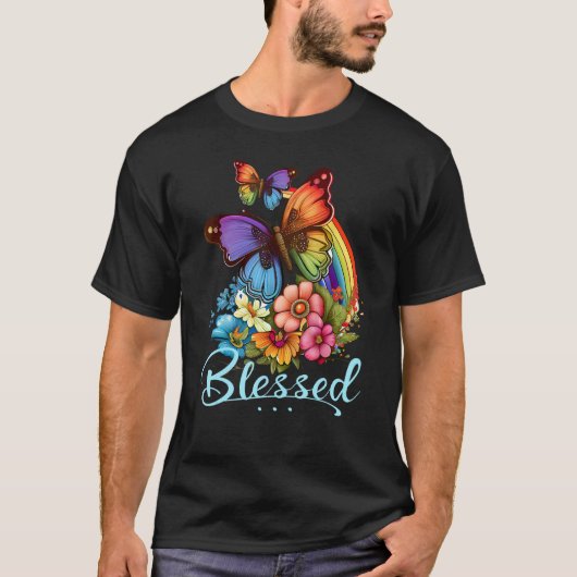 Blessed Christian Butterfly Pretty Floral Rainbow T-Shirt (Vorderseite)