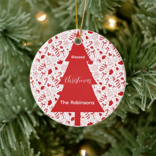 Blessed Christmas Red Christmas Tree Doodle Art Keramik Ornament (Baum)