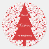 Blessed Christmas Red Christmas Tree Doodle Art Runder Aufkleber (Vorderseite)