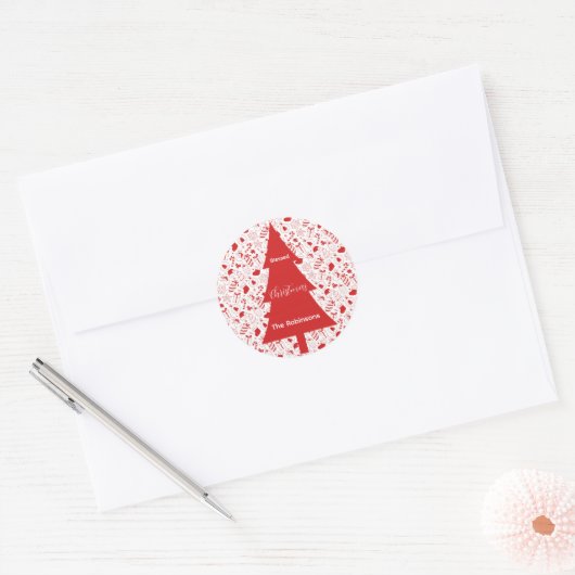 Blessed Christmas Red Christmas Tree Doodle Art Runder Aufkleber (Umschlag)