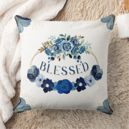 BLESSED Elegant Blue Gold Floral Inspiration Kissen