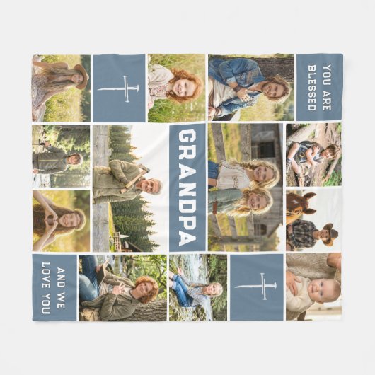 Blessed Grandpa 12 Photo Collage Custom Text Fleecedecke (Vorderseite (Horizontal))