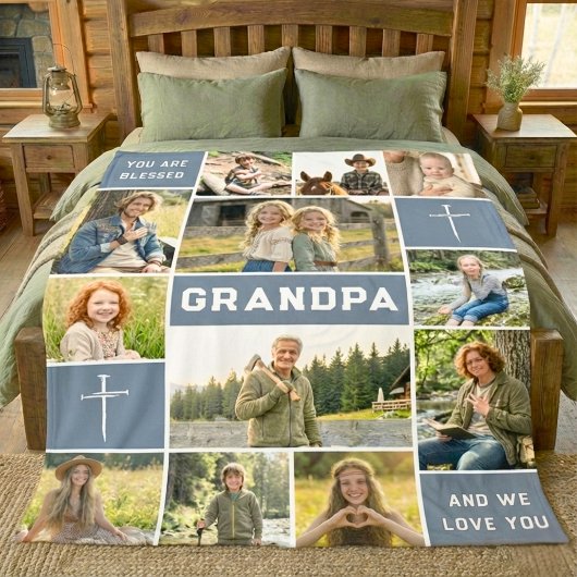 Blessed Grandpa 12 Photo Collage Custom Text Fleecedecke
