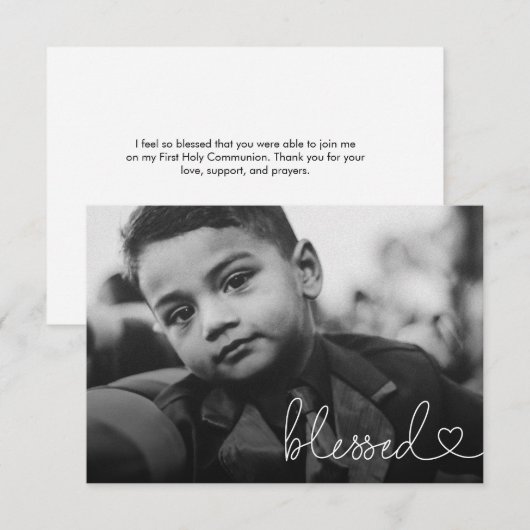 Blessed Heart Script Minimal Photo First communion Dankeskarte (Vorne/Hinten)