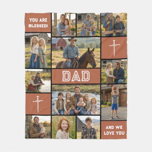 Blessed Loved Dad 12 Photo Collage Custom Text Fleecedecke (Vorderseite)