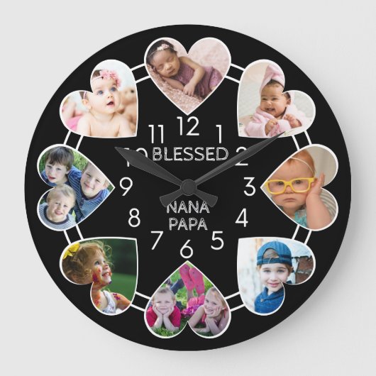 Blessed Nana Papa 8 Heart Photo Template Black Große Wanduhr (Vorderseite)