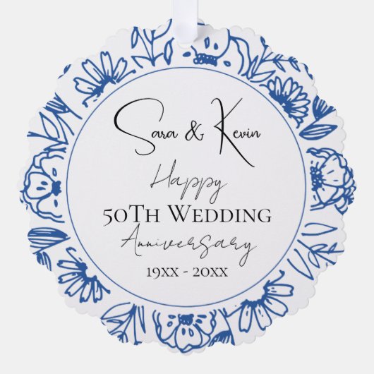 Bleu Florals Hochzeitstag Ornament Karte (Vorderseite)