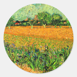 Blick auf Arles mit Schwertlilien im Vordergrund, Runder Aufkleber