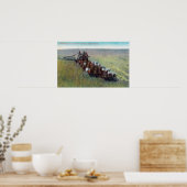 Blick auf Bauer, die mit riesigem Pferd ernten Poster (Küche)