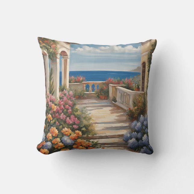 Blick auf das Mittelmeer mit Blume Kissen (Vorderseite)