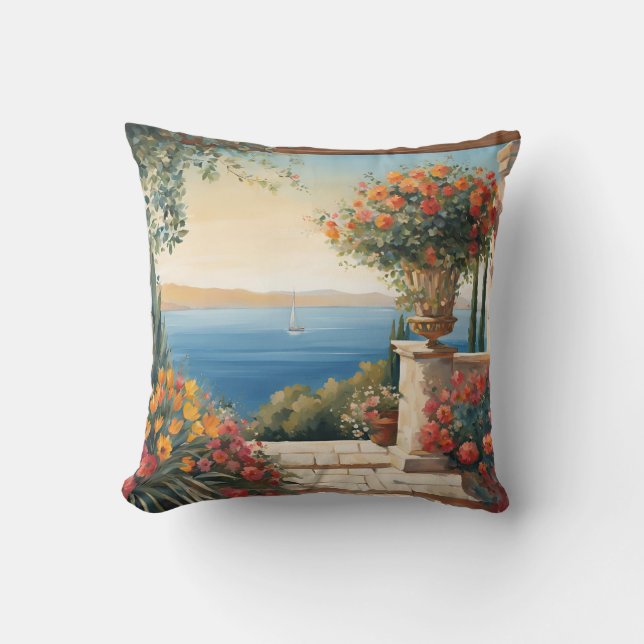 Blick auf das Mittelmeer mit Blume Kissen (Vorderseite)