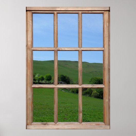 Blick auf den grünen Hügel aus einem Fenster Poster (Vorne)