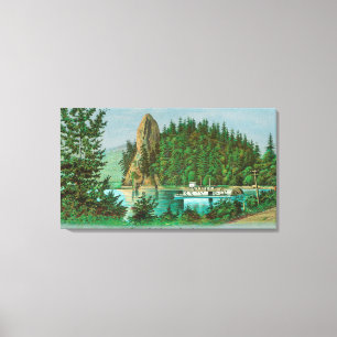 Blick auf den Rooster Rock und Riverboat Leinwanddruck