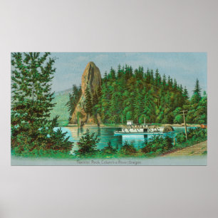 Blick auf den Rooster Rock und Riverboat Poster