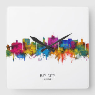 Blick auf die Skyline von Bay City Michigan Quadratische Wanduhr
