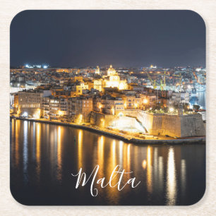 Blick auf drei Städte in Malta bei Nacht Rechteckiger Pappuntersetzer
