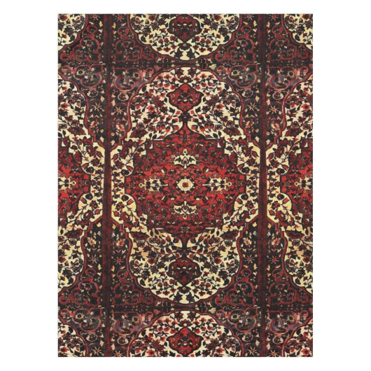 Blick des persischen Teppichs in dunkelrotem und Tischdecke (Vorderseite)