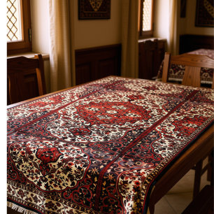 Blick des persischen Teppichs in dunkelrotem und Tischdecke