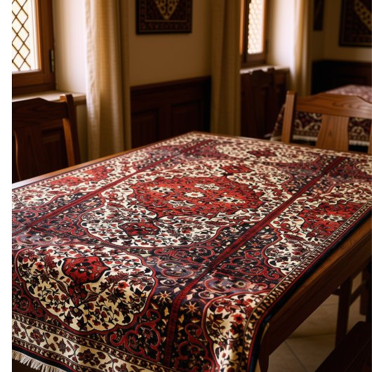 Blick des persischen Teppichs in dunkelrotem und Tischdecke