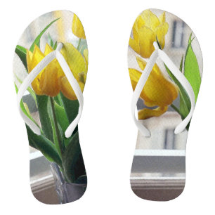 Blick durch gelbe Tulpen Badesandalen