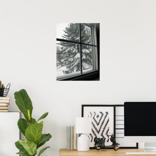Blick vom Fenster des Schnees bedeckt Evergreen Poster (Heimbüro)
