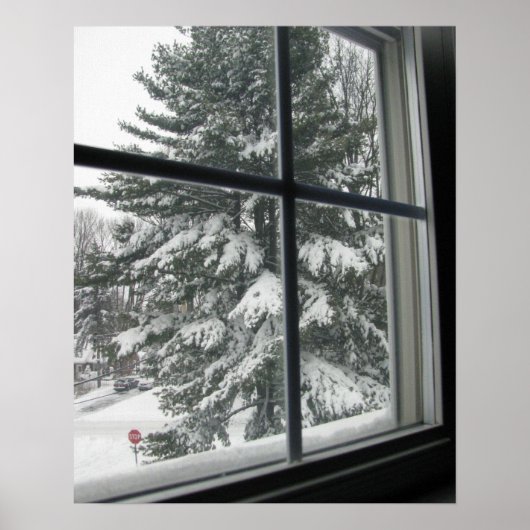 Blick vom Fenster des Schnees bedeckt Evergreen Poster (Vorne)