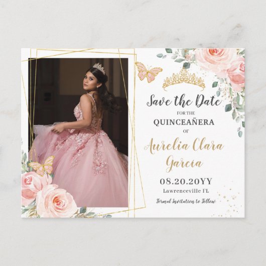 Blindpink Blütengoldquinceanera Save the Date Ankündigungspostkarte (Vorderseite)
