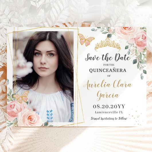 Blindpink Blütengoldquinceanera Save the Date Ankündigungspostkarte