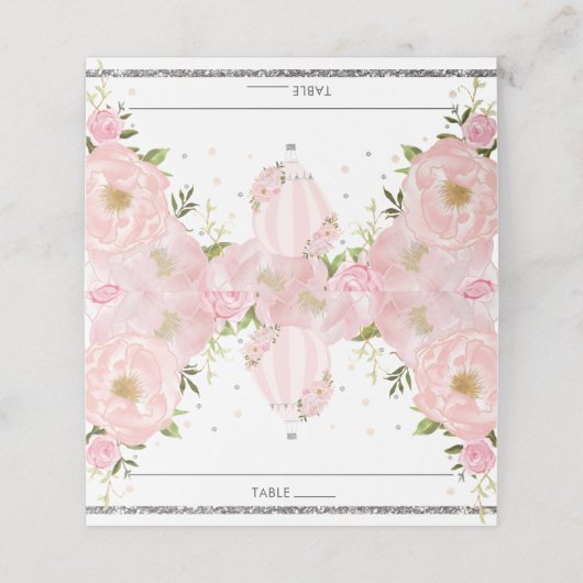 Blindpink Floral Hot Air Ballon Gastname Platzkarte (Außenseite Aufgefaltet)