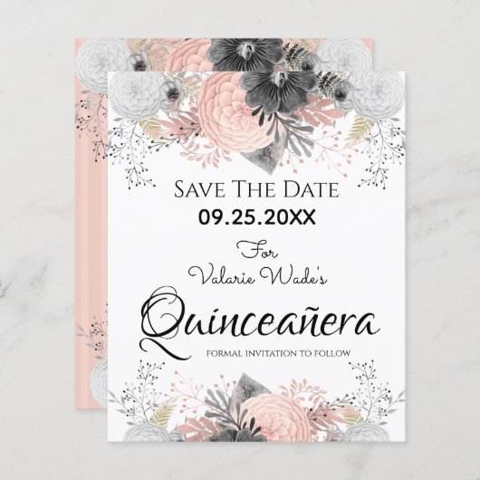 Blindpink Floral Quinceanera Save the Date (Vorne/Hinten)