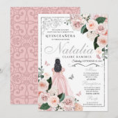 Blindpink Silber Blumenprinzessin Quinceanera Einladung (Vorne/Hinten)