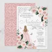 Blindpink Silber Blumenprinzessin Quinceanera Einladung (Vorne/Hinten)
