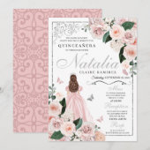 Blindpink Silber Blumenprinzessin Quinceanera Einladung (Vorne/Hinten)