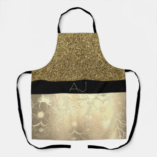 Bling Bling Gold Glitter und schwarze florale Init Schürze