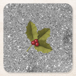 Bling Christmas Holly Berry Leaf Silver Glitzer Rechteckiger Pappuntersetzer