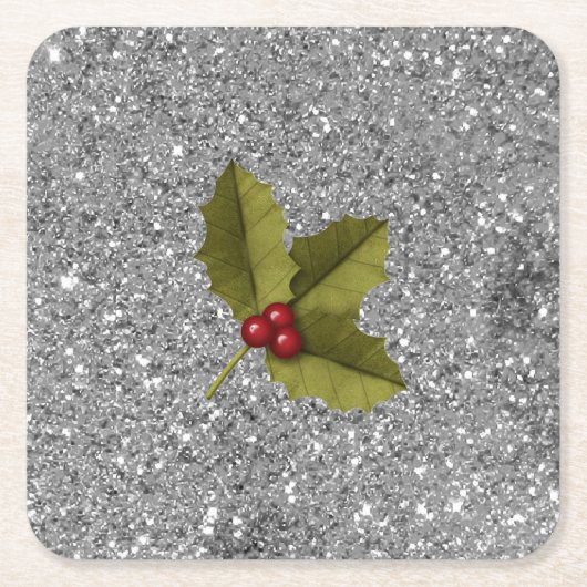 Bling Christmas Holly Berry Leaf Silver Glitzer Rechteckiger Pappuntersetzer (Vorderseite)