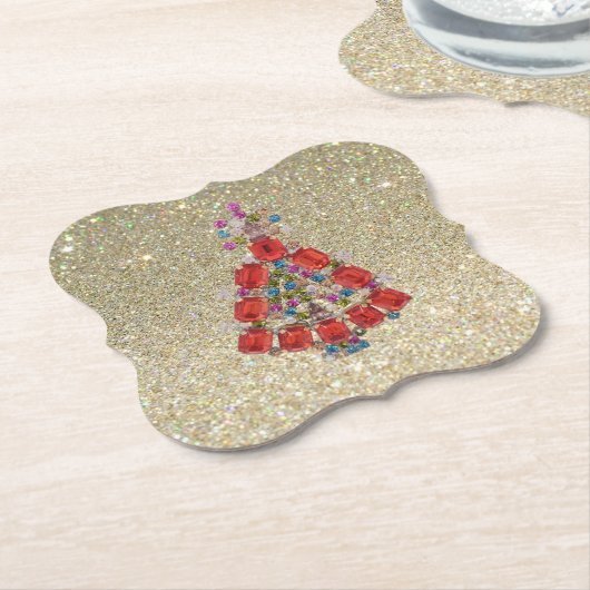 Bling Christmas Red Tree Gold Glitzer Untersetzer (angewinkelt)