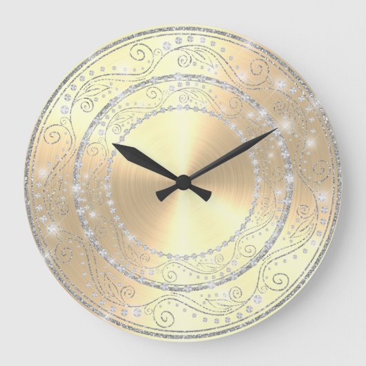 Bling Diamonds Elegant Golden Wedding Gift Large C Große Wanduhr (Vorderseite)