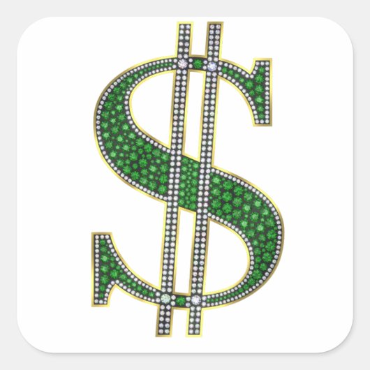 Bling Dollar Sign Diamond Emerald Gem Quadratischer Aufkleber (Vorderseite)